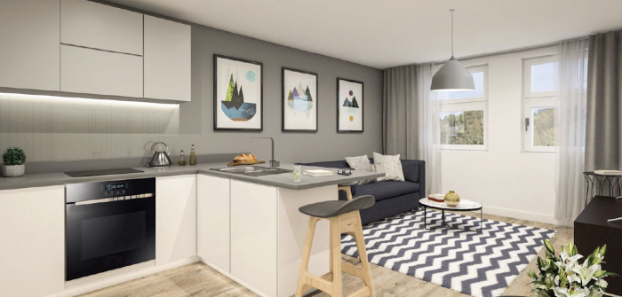 Open plan kitchen and lounge